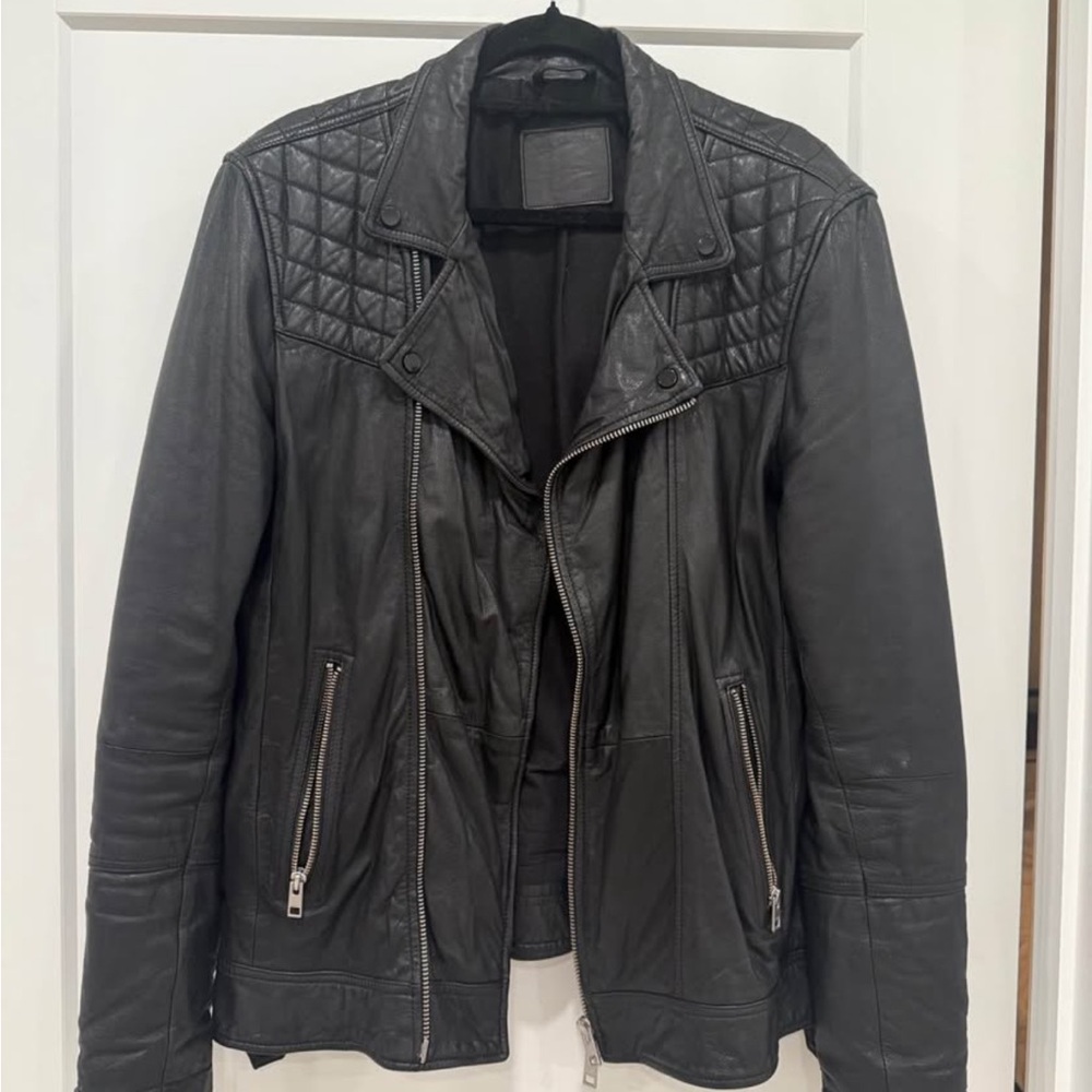 AllSaints Black Quilted-Shoulder Leather Biker Jacket